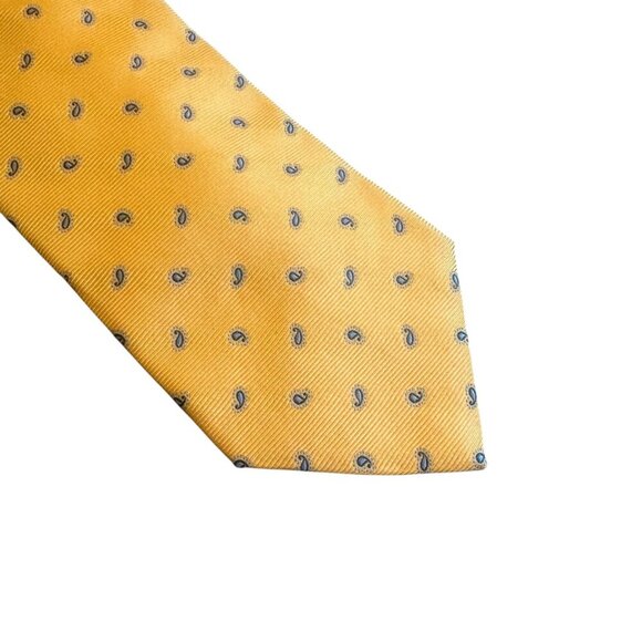 Brooks Brothers Pure Silk Woven in Italy Yellow Neck Tie Blue Paisley Luxury - Picture 2 of 7